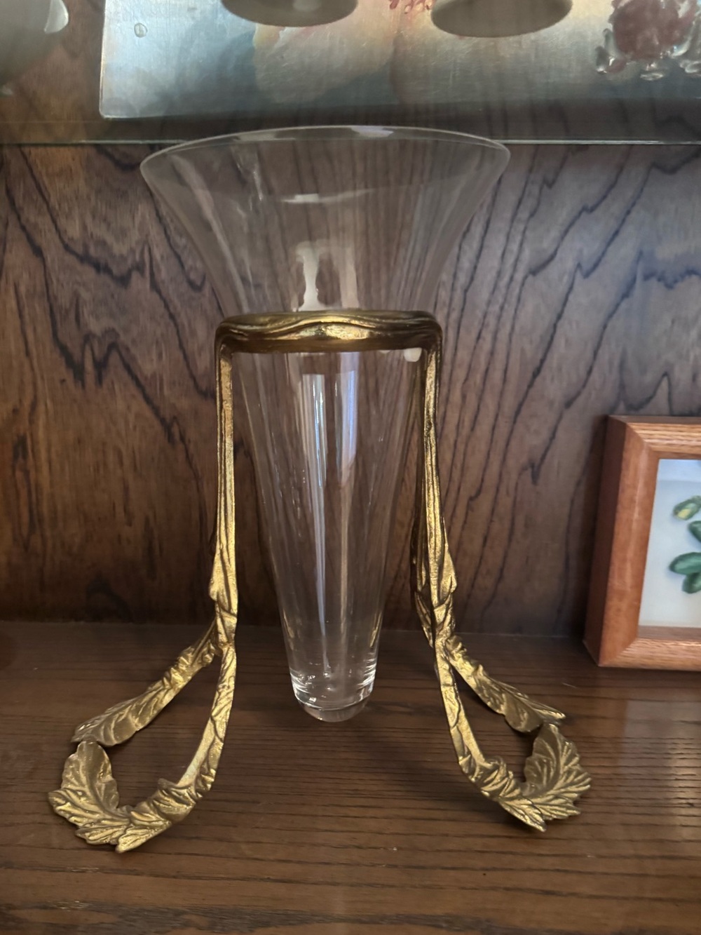 Glass Trumpet Vase with Decorative Gold Leaf Stand